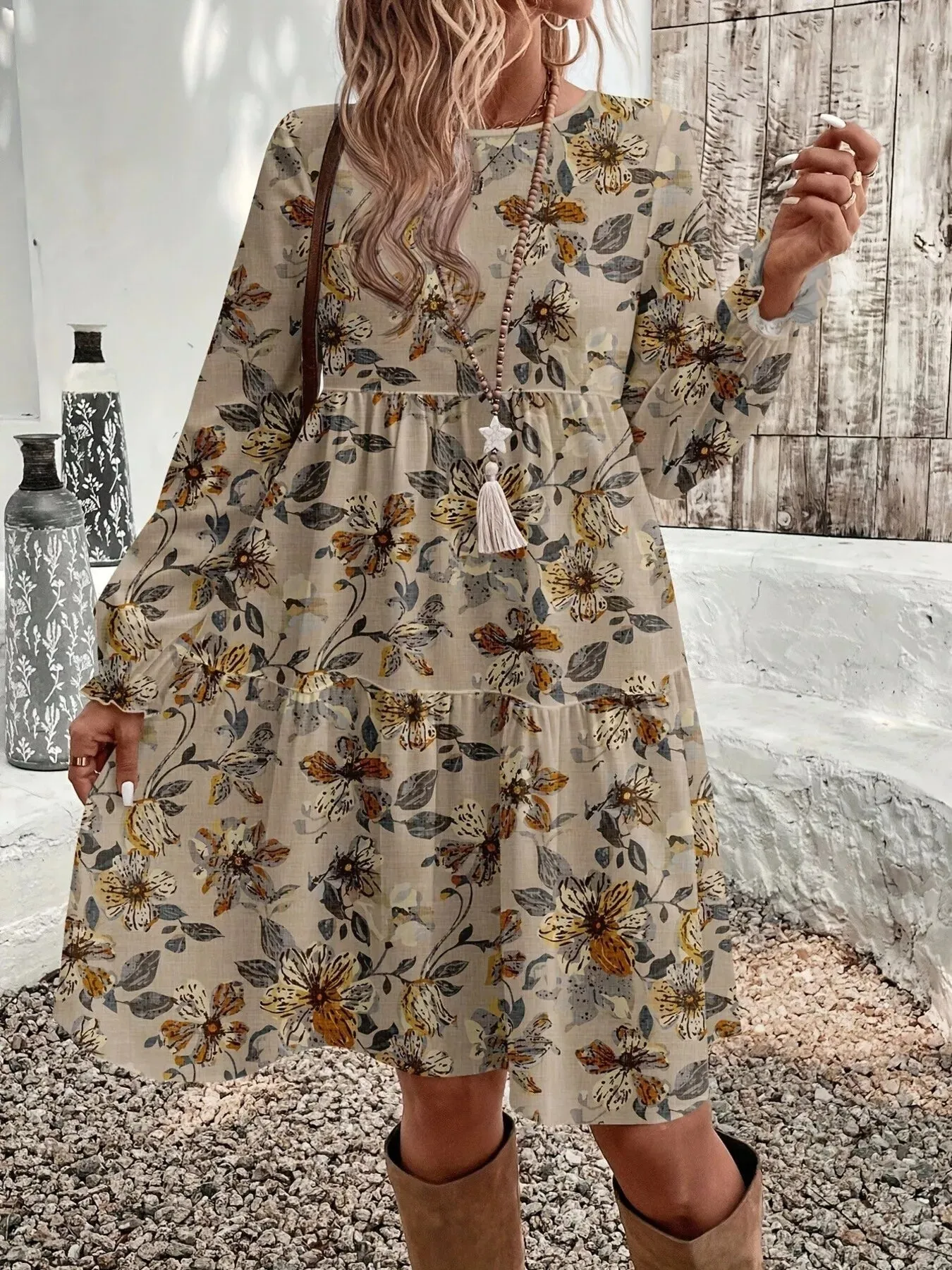 Floral Print Tiered Ruffle Hem Long Sleeve Dress sold by Charming Charlie product image thumbnail 2