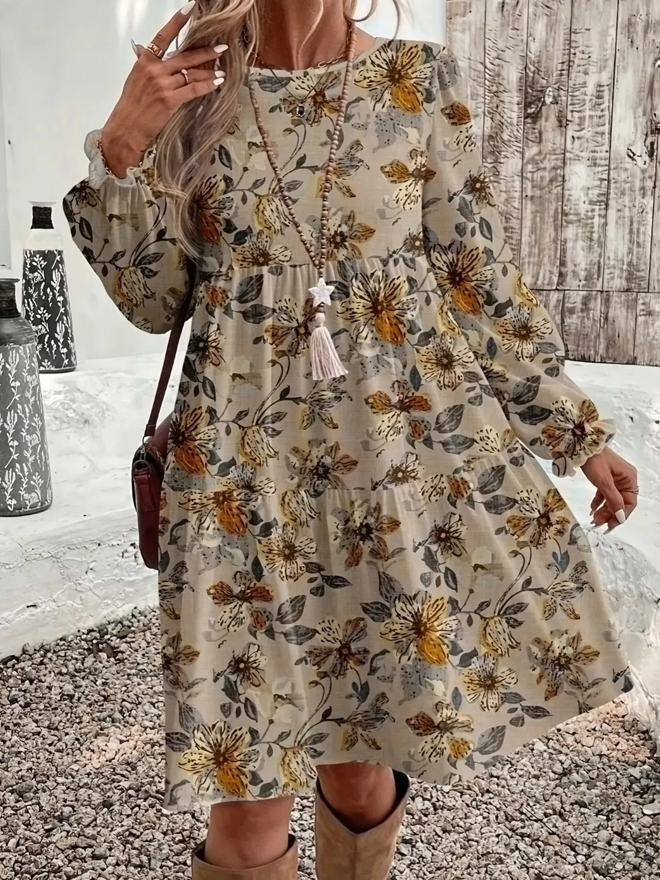 Floral Print Tiered Ruffle Hem Long Sleeve Dress sold by Charming Charlie product image thumbnail 3