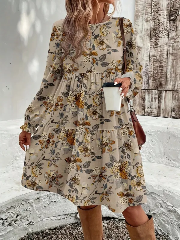 Floral Print Tiered Ruffle Hem Long Sleeve Dress sold by Charming Charlie