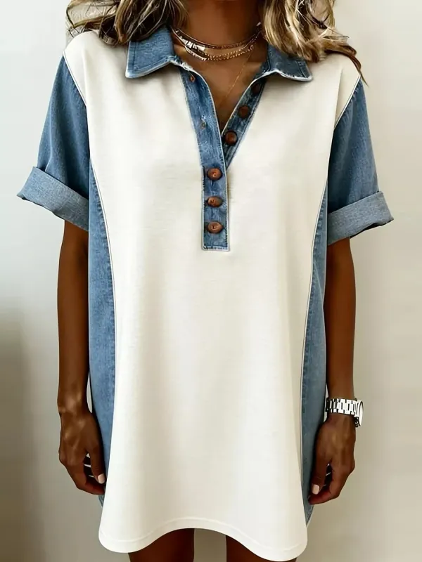 Denim Patchwork Button Front Mini Dress sold by Charming Charlie