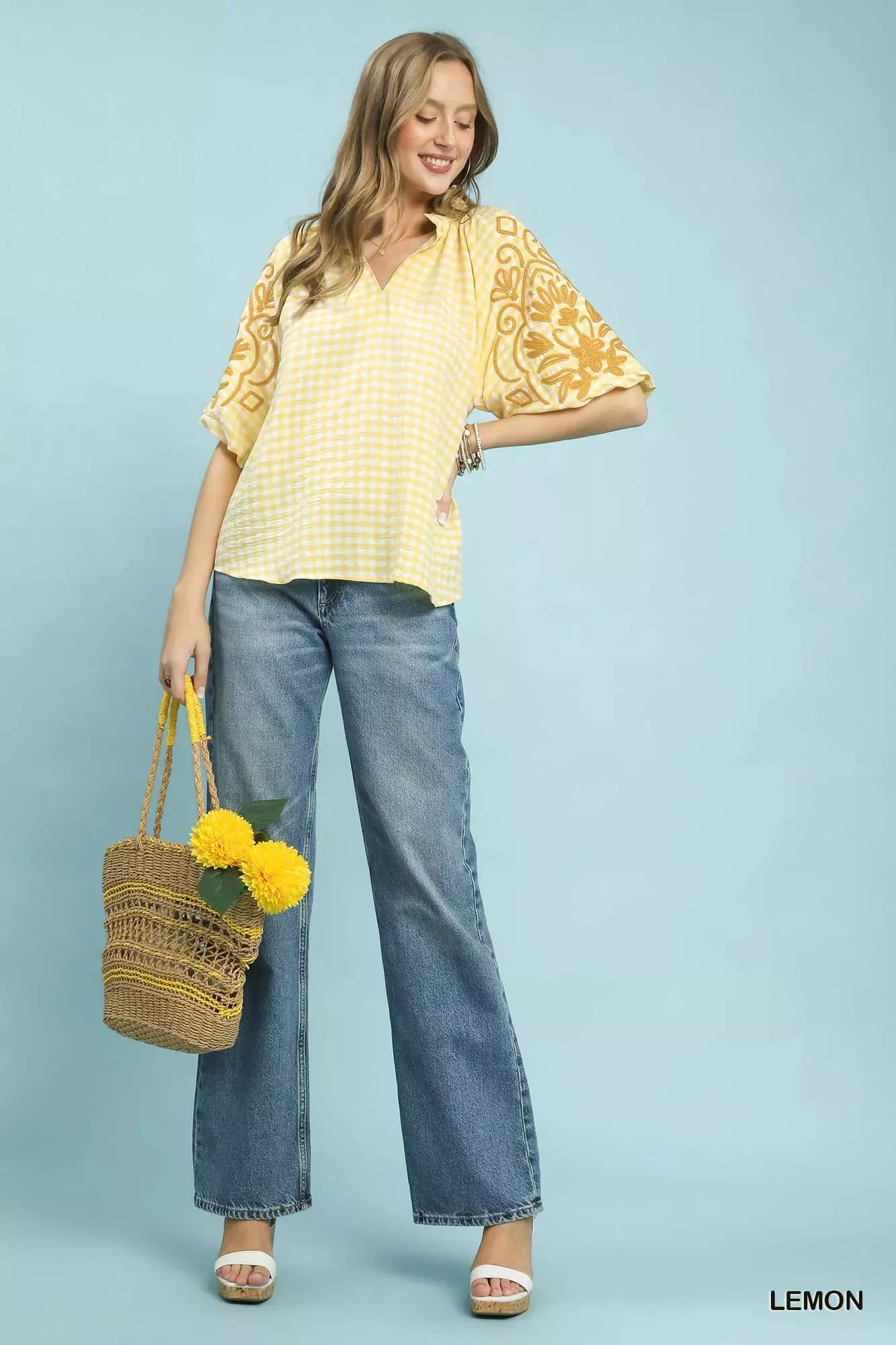 Umgee Gingham Embroidered Balloon Sleeve Top sold by Charming Charlie product image thumbnail 4