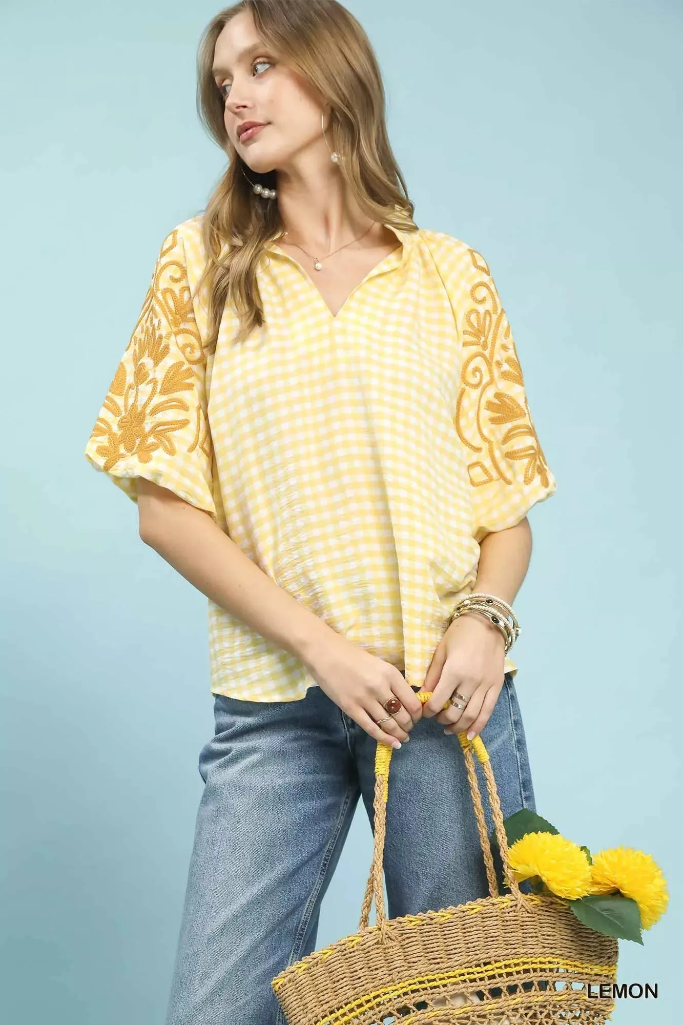 Umgee Gingham Embroidered Balloon Sleeve Top sold by Charming Charlie