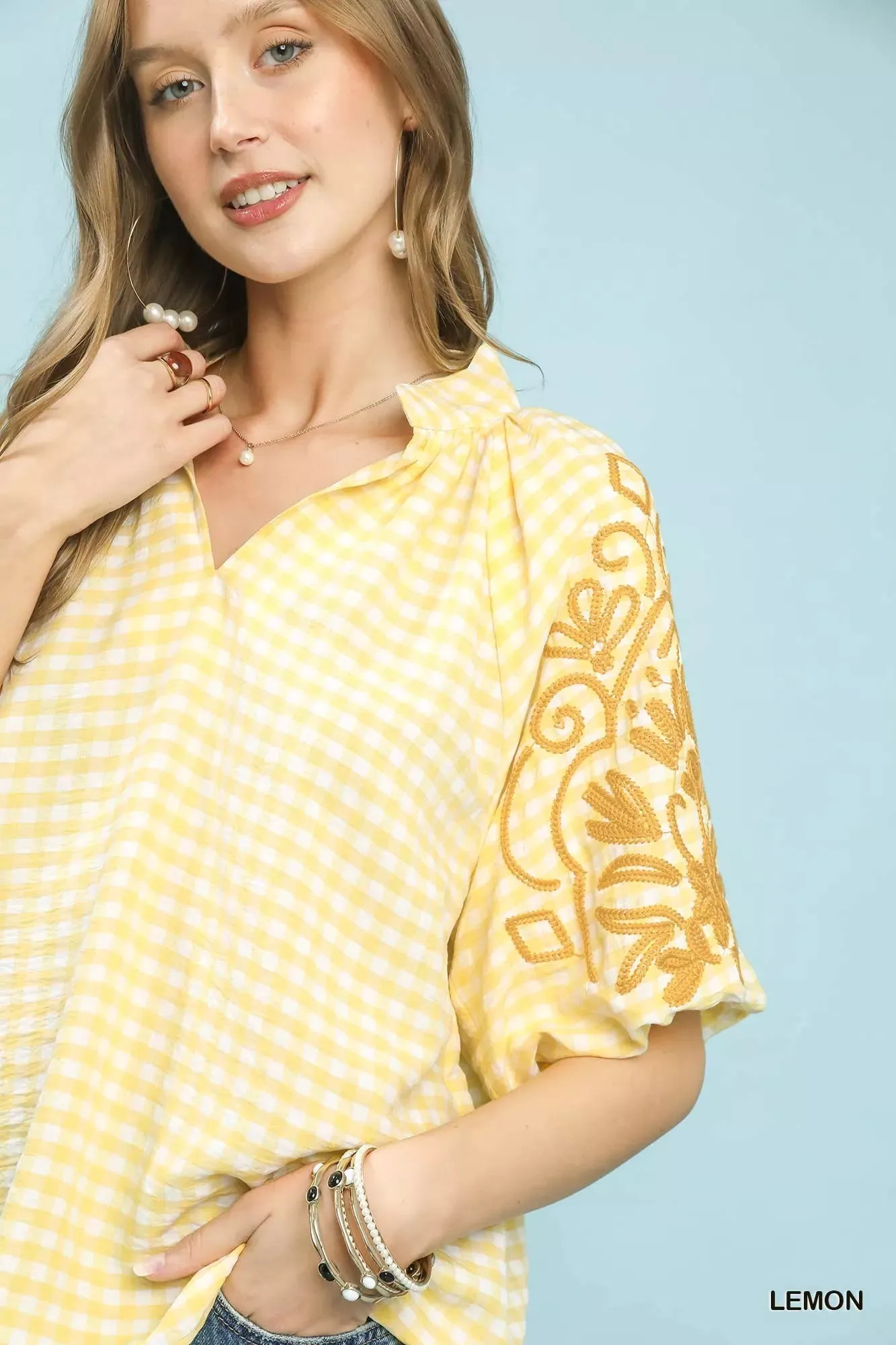 Umgee Gingham Embroidered Balloon Sleeve Top sold by Charming Charlie product image thumbnail 5