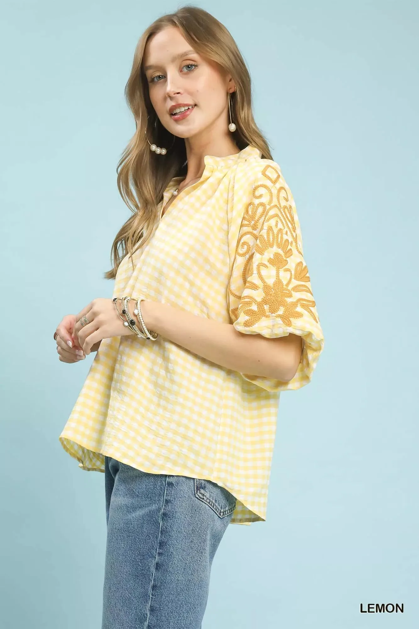 Umgee Gingham Embroidered Balloon Sleeve Top sold by Charming Charlie product image thumbnail 2