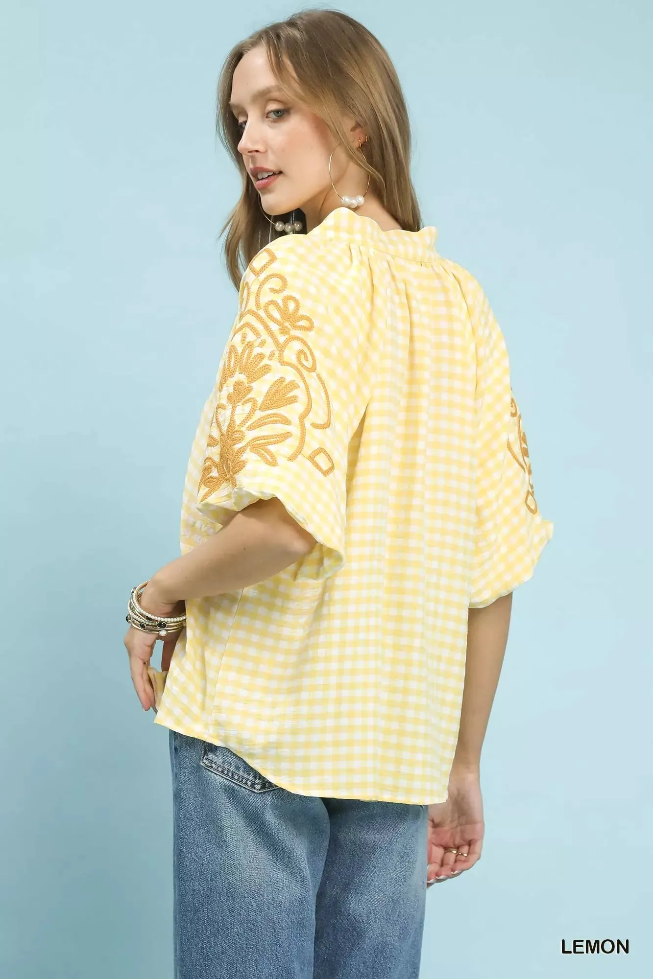 Umgee Gingham Embroidered Balloon Sleeve Top sold by Charming Charlie product image thumbnail 3