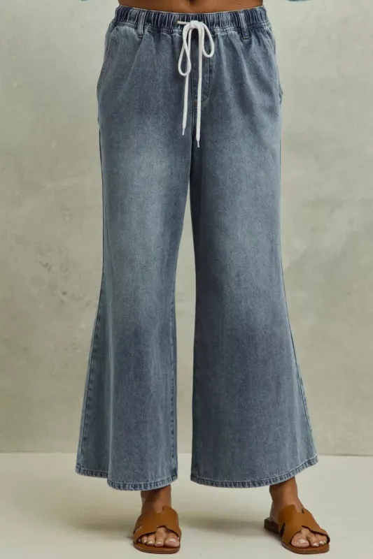 SO ME Mid Rise Elastic Waist Flare Denim Jeans made by Trendsi