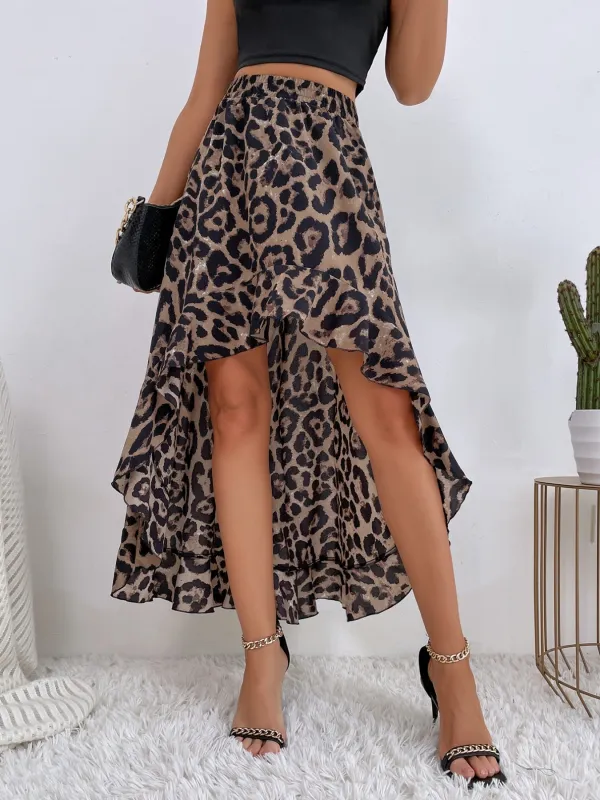 Leopard Print Ruffle Hem High-Low Skirt made by Trendsi