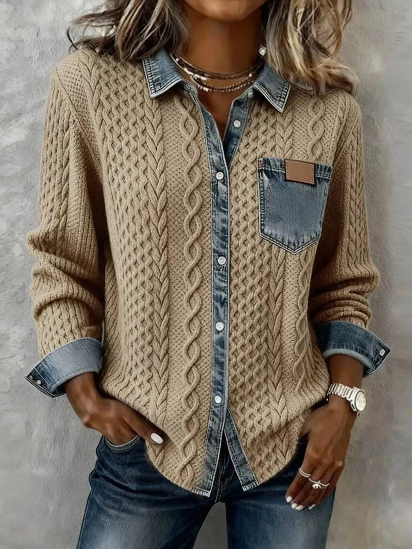 Denim Trim Cable Knit Cardigan sold by Charming Charlie product image thumbnail 3