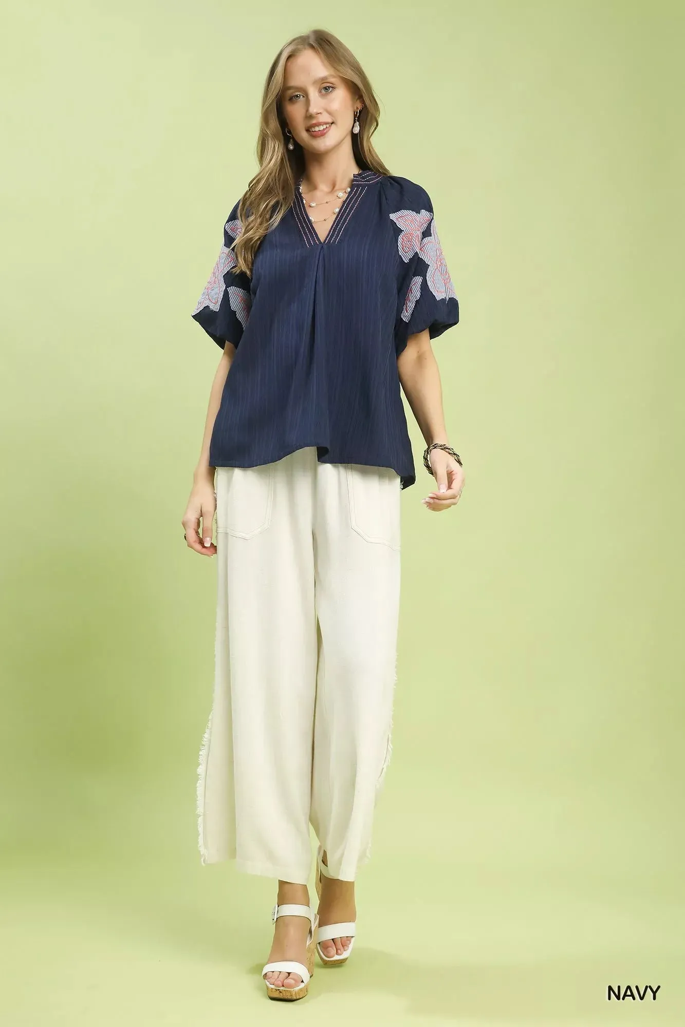 Umgee Embroidered Balloon Sleeve Notch Neck Blouse sold by Charming Charlie product image thumbnail 4