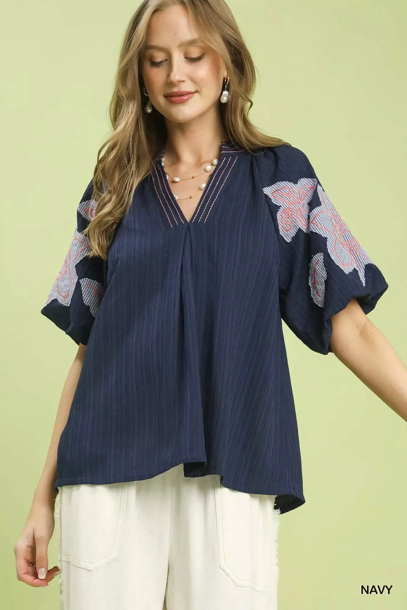 Umgee Embroidered Balloon Sleeve Notch Neck Blouse sold by Charming Charlie