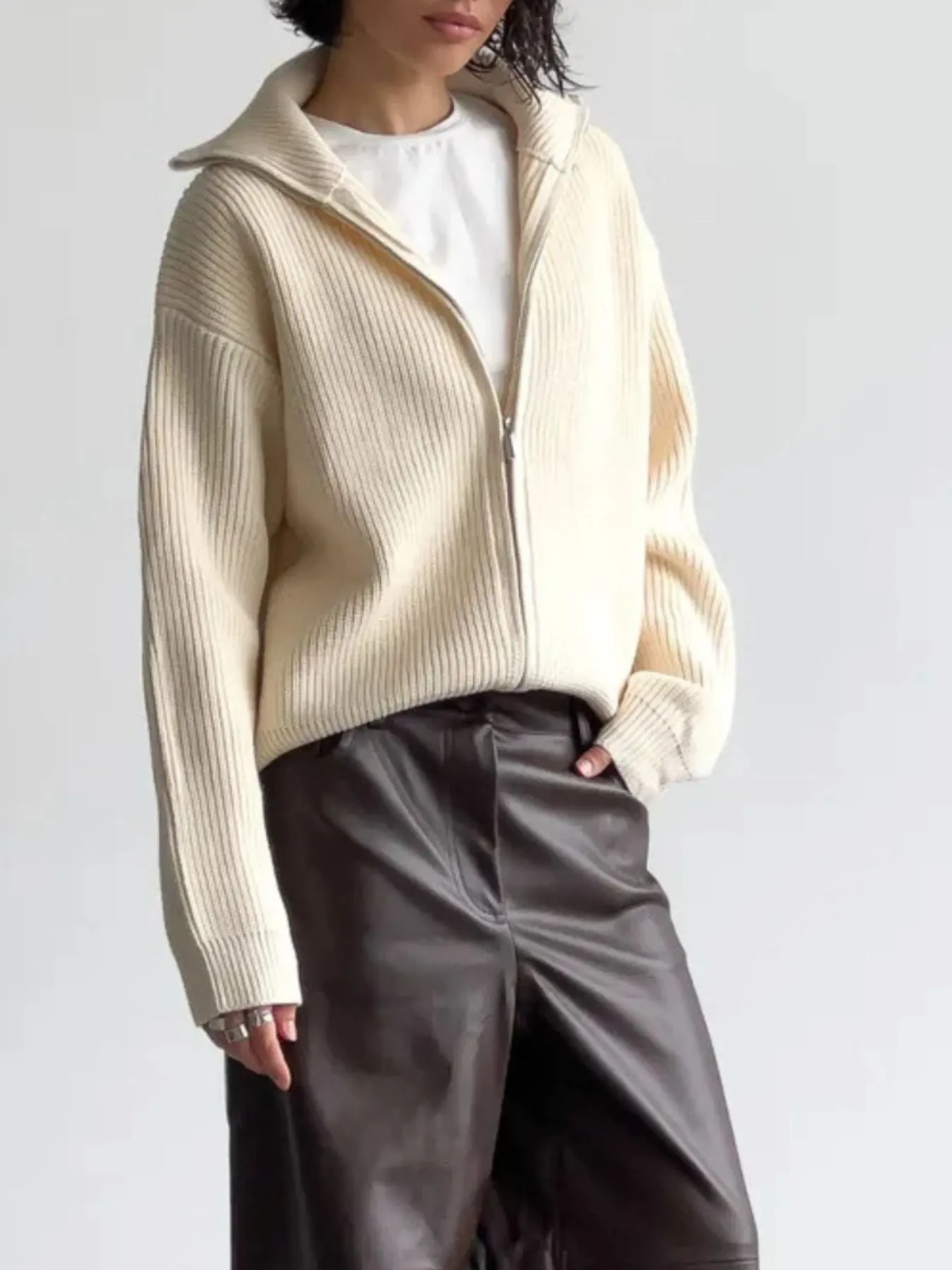 Zip-Up Ribbed Knit Cardigan sold by Charming Charlie product image thumbnail 2