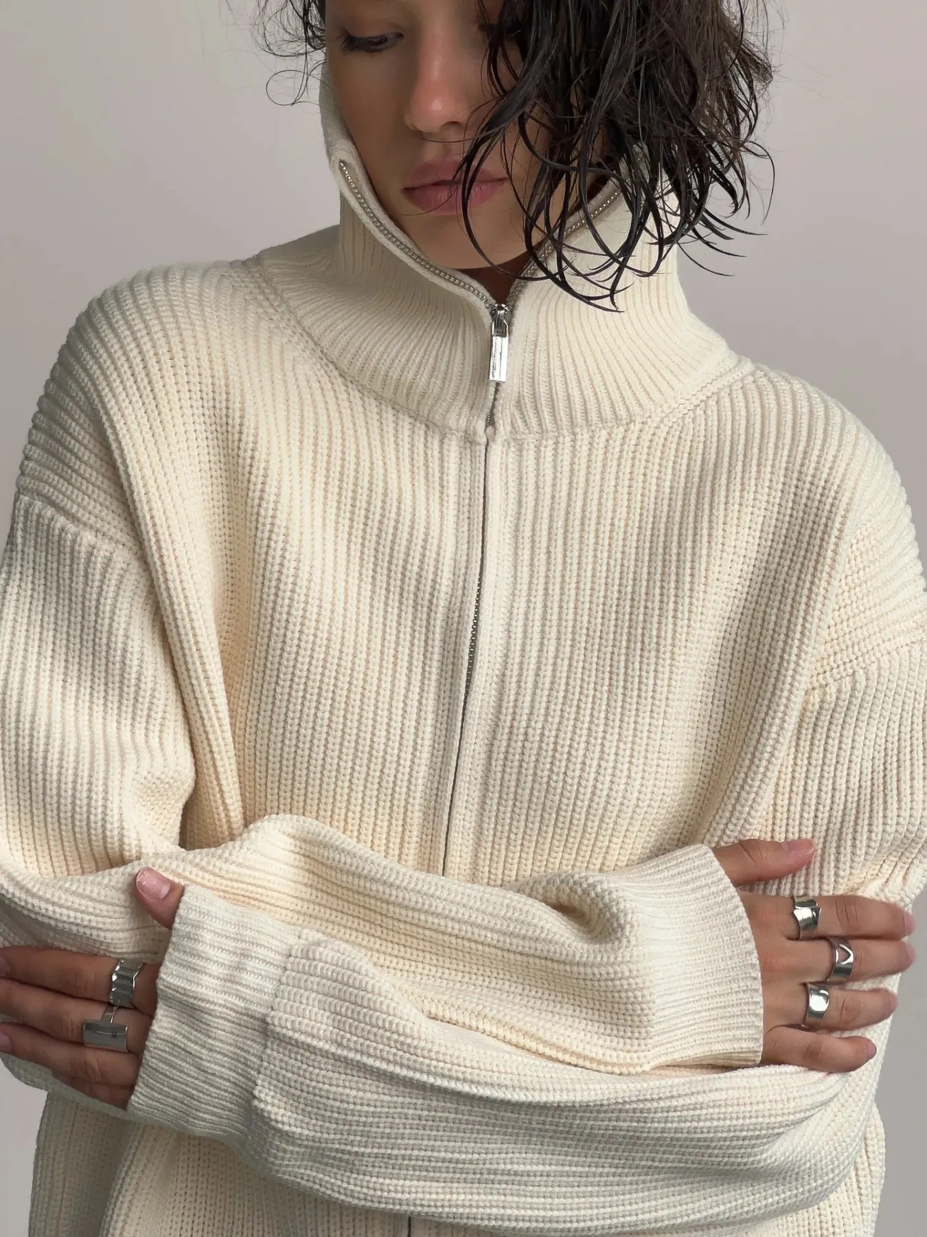 Zip-Up Ribbed Knit Cardigan sold by Charming Charlie product image thumbnail 3