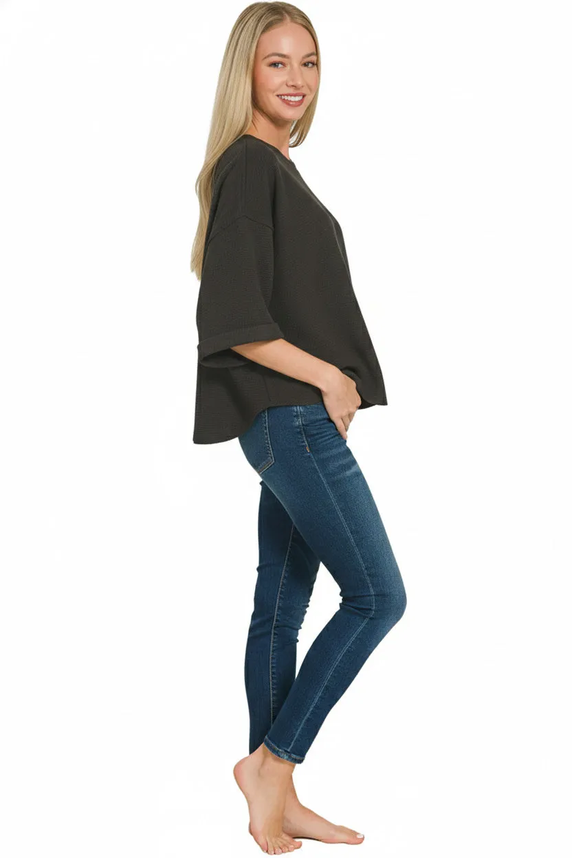 Zenana Double Knit Exposed Seam Curved Hem Top sold by Charming Charlie product image thumbnail 2