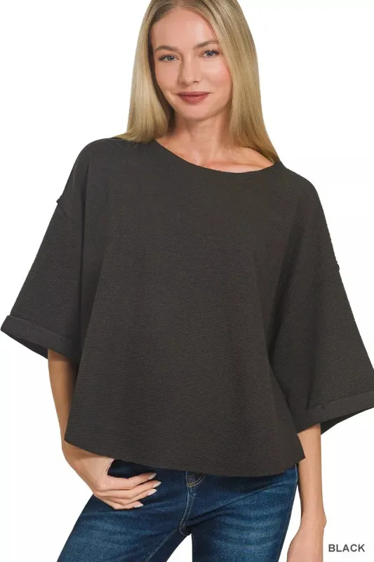 Zenana Double Knit Exposed Seam Curved Hem Top sold by Charming Charlie