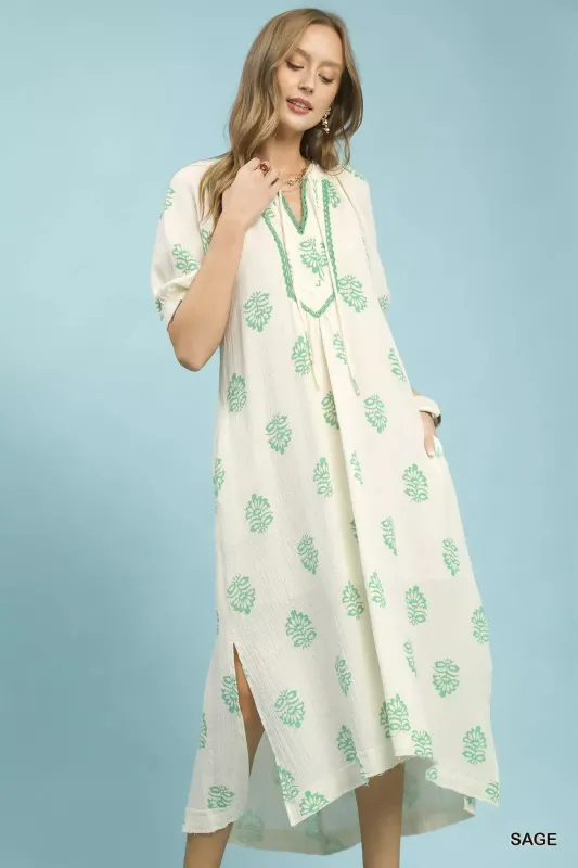 Umgee Printed Cotton Gauze Midi Dress made by Trendsi