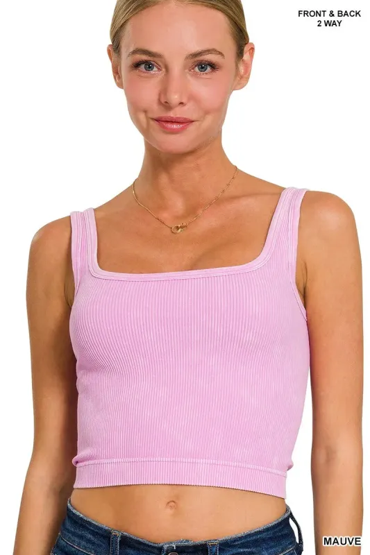 Zenana 2 Way Neckline Washed Ribbed Seamless Tank Top sold by Charming Charlie