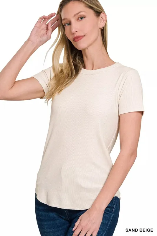 Zenana Ribbed Curved Hem Round-Neck Tee made by Trendsi