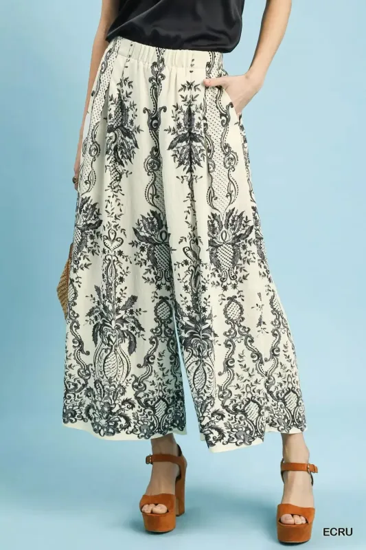 Umgee Border Print Wide Leg Pants made by Trendsi