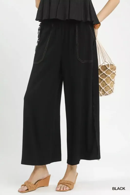 Linen Frayed Side Pocket Wide Leg Pants sold by Charming Charlie