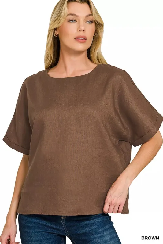 Zenana Linen Round Neck Cuffed Sleeve Top made by Trendsi
