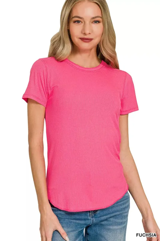 Zenana Ribbed Curved Hem Round-Neck Tee sold by Charming Charlie