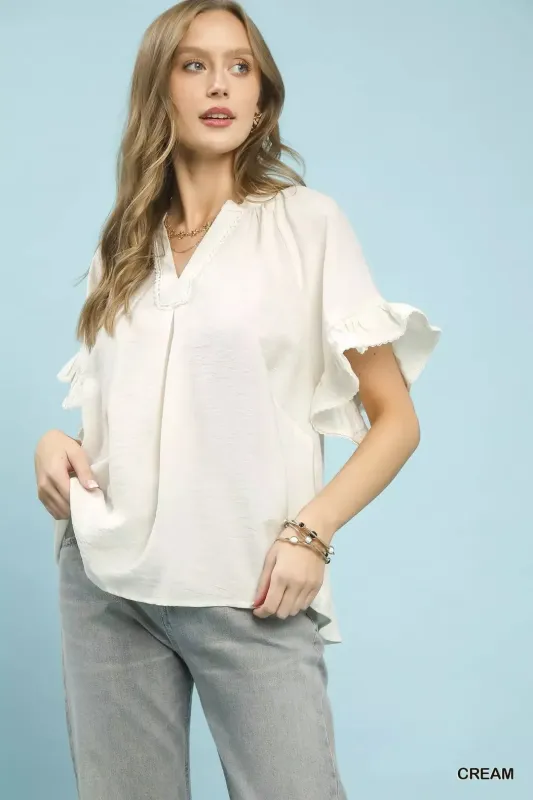 Umgee Ruffle Sleeve V-Neck Flutter Blouse made by Trendsi