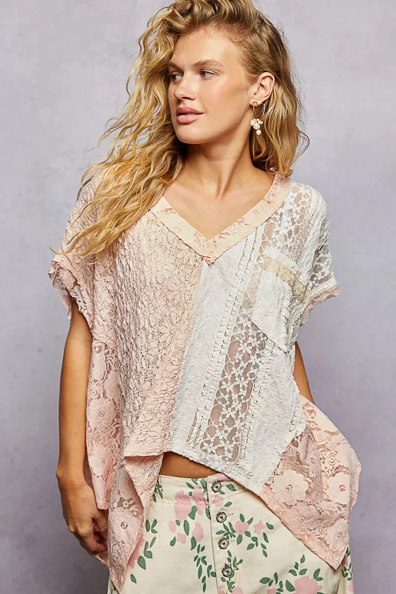 POL Asymmetrical V-Neck Short Sleeve Lace Top sold by Charming Charlie product image thumbnail 2