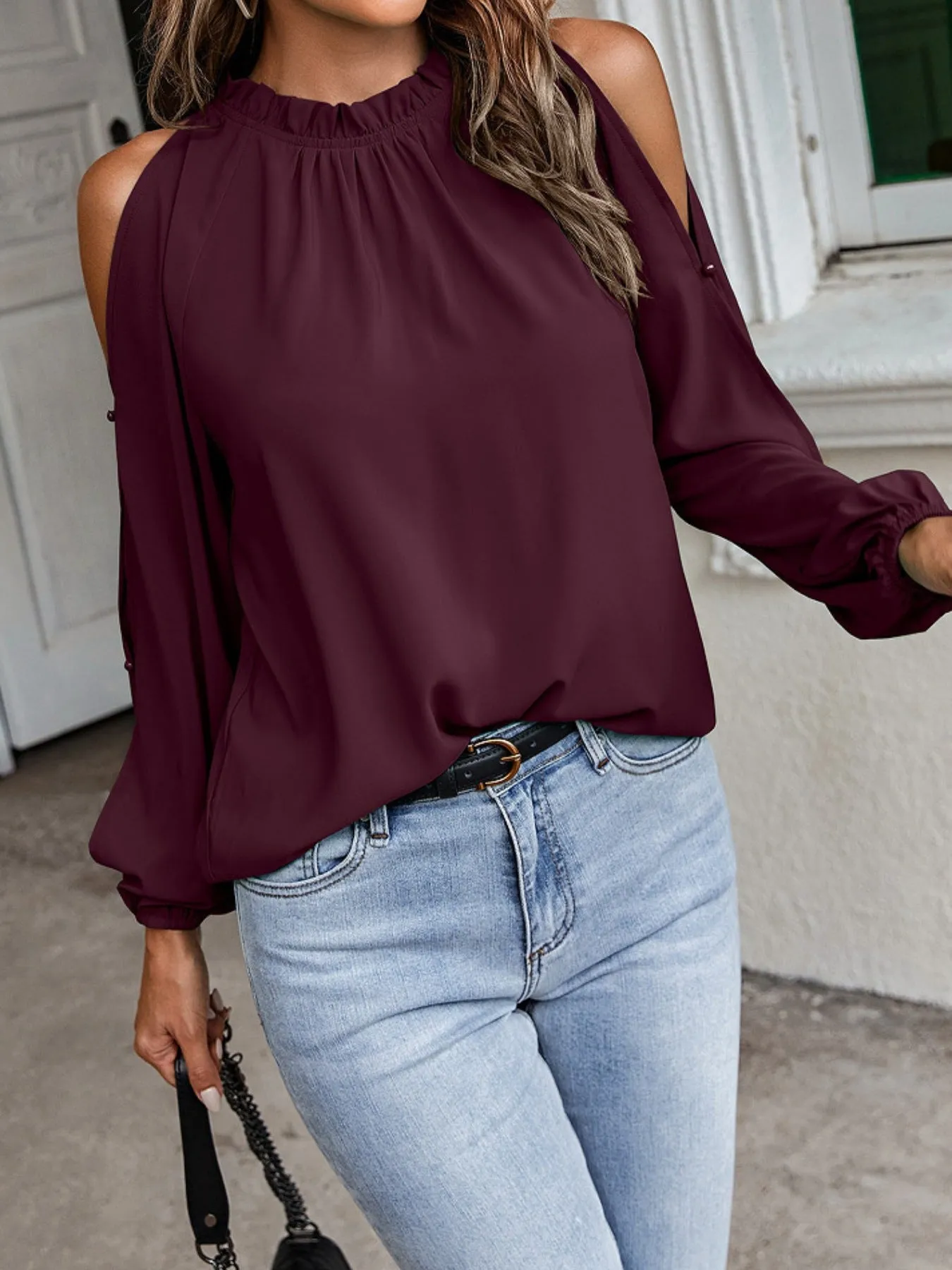 Cold Shoulder Frill Neck Blouse sold by Charming Charlie product image thumbnail 4