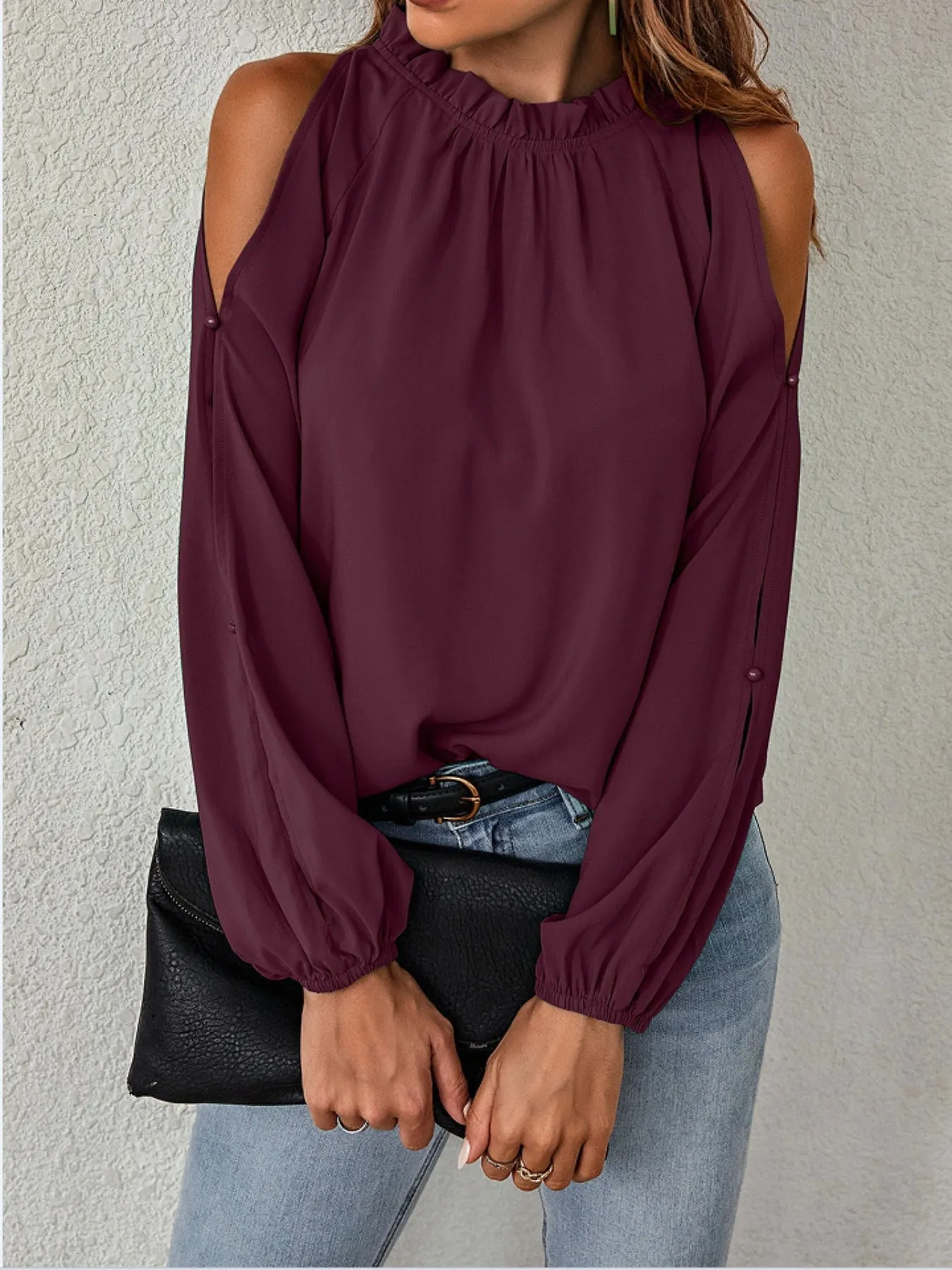 Cold Shoulder Frill Neck Blouse sold by Charming Charlie