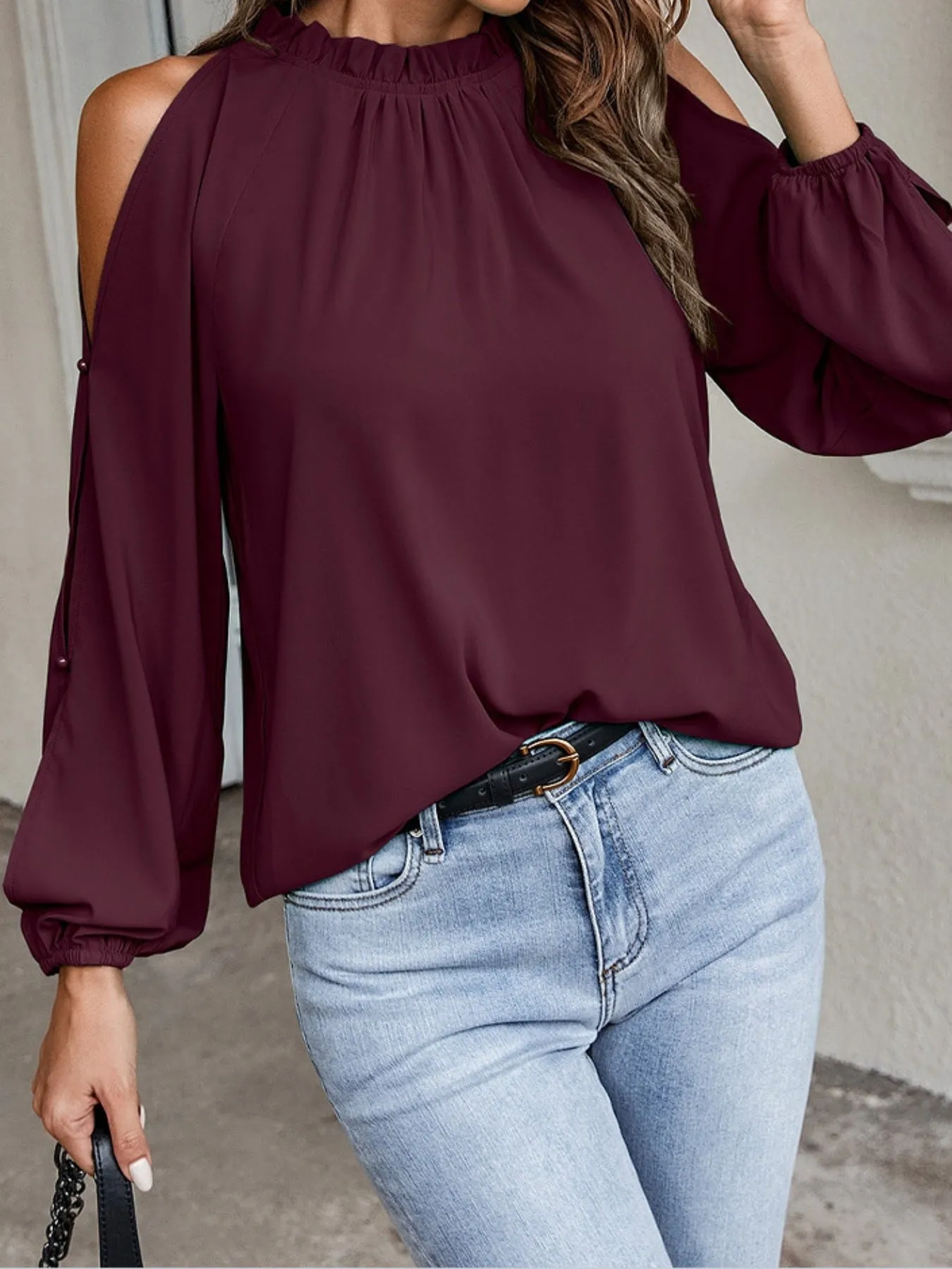 Cold Shoulder Frill Neck Blouse sold by Charming Charlie product image thumbnail 5
