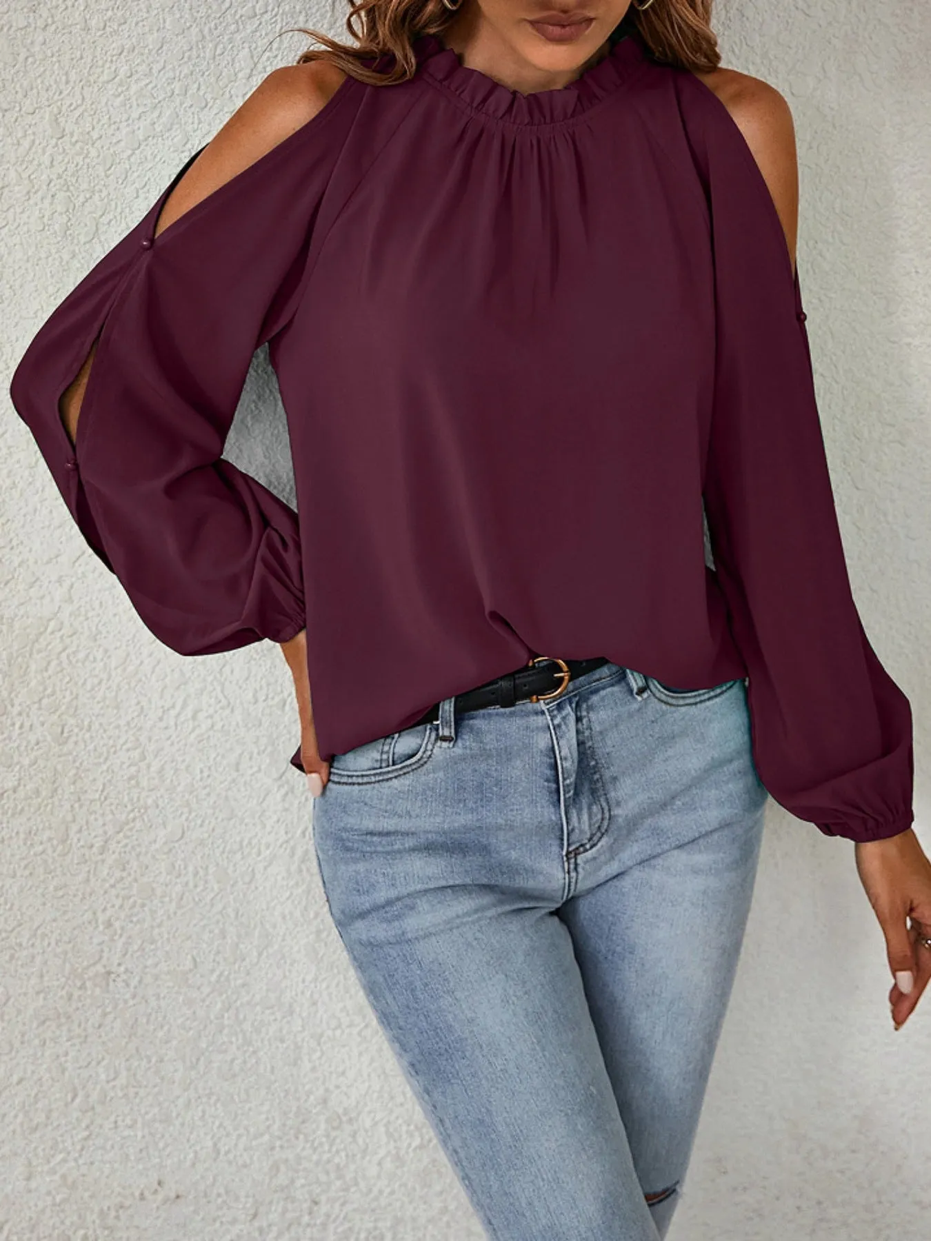Cold Shoulder Frill Neck Blouse sold by Charming Charlie product image thumbnail 2
