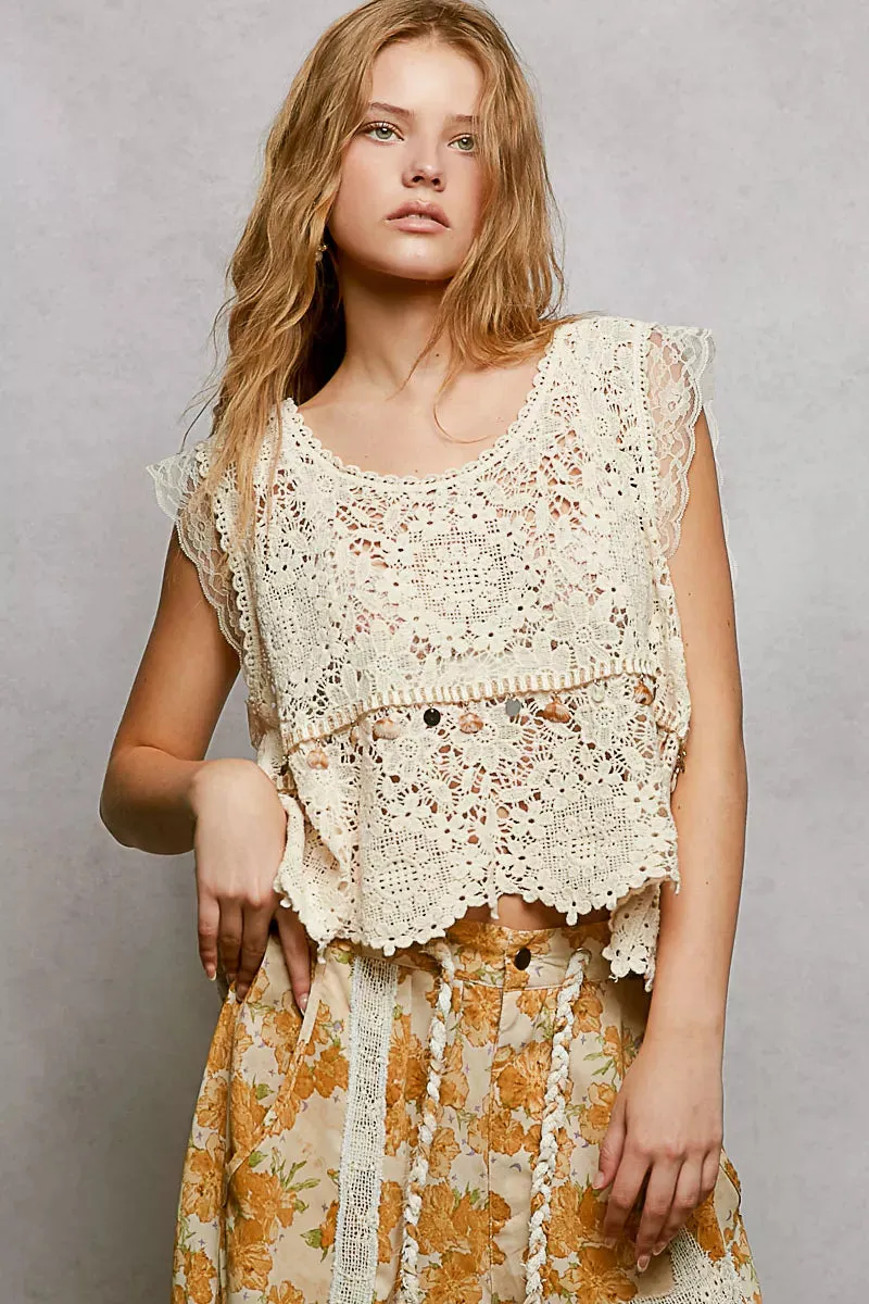 POL Lace Trim Openwork V-Neck Crochet Tank with Scalloped Edge sold by Charming Charlie product image thumbnail 2