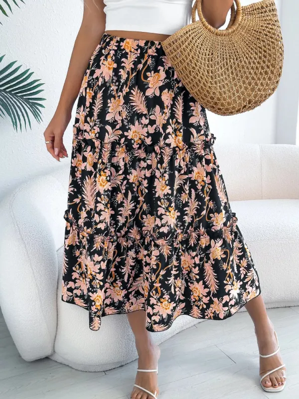 Floral Print Ruffle Hem Flowy Midi Skirt sold by Charming Charlie