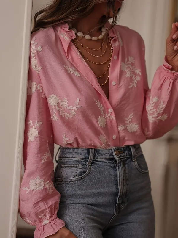 Floral Embroidered Button Down Shirt made by Trendsi