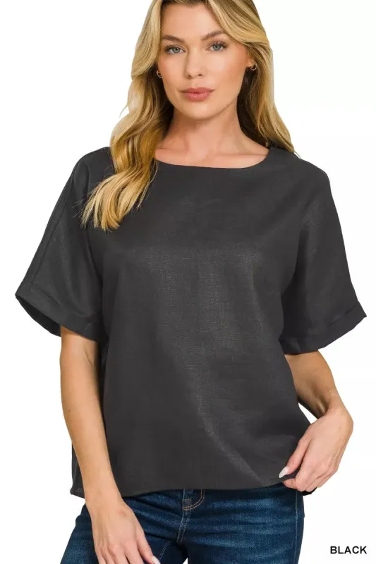 Zenana Linen Round Neck Cuffed Sleeve Top made by Trendsi