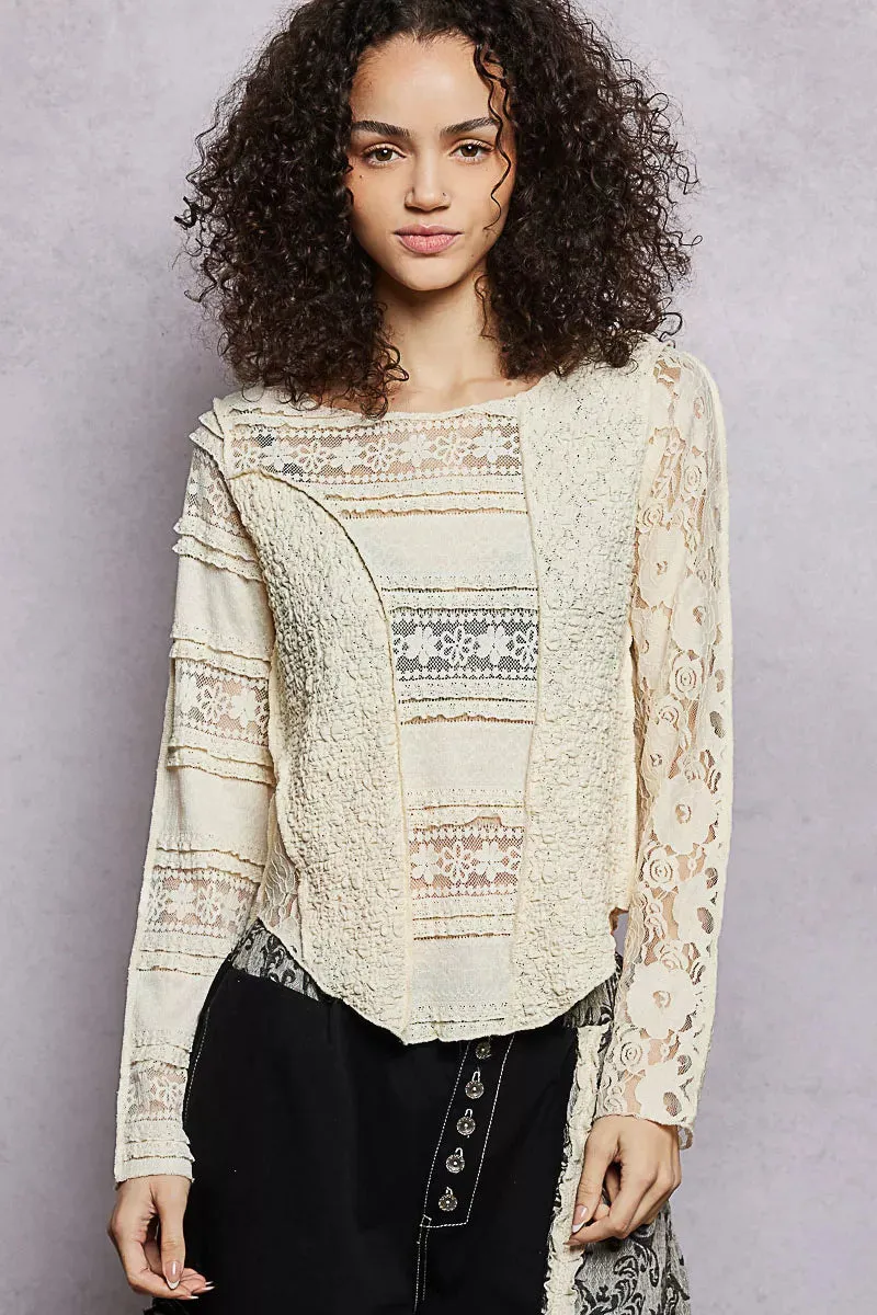 POL Round Neck Long Sleeve Exposed Seam Top with Lace Detail sold by Charming Charlie
