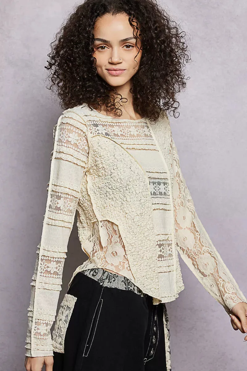 POL Round Neck Long Sleeve Exposed Seam Top with Lace Detail sold by Charming Charlie product image thumbnail 3