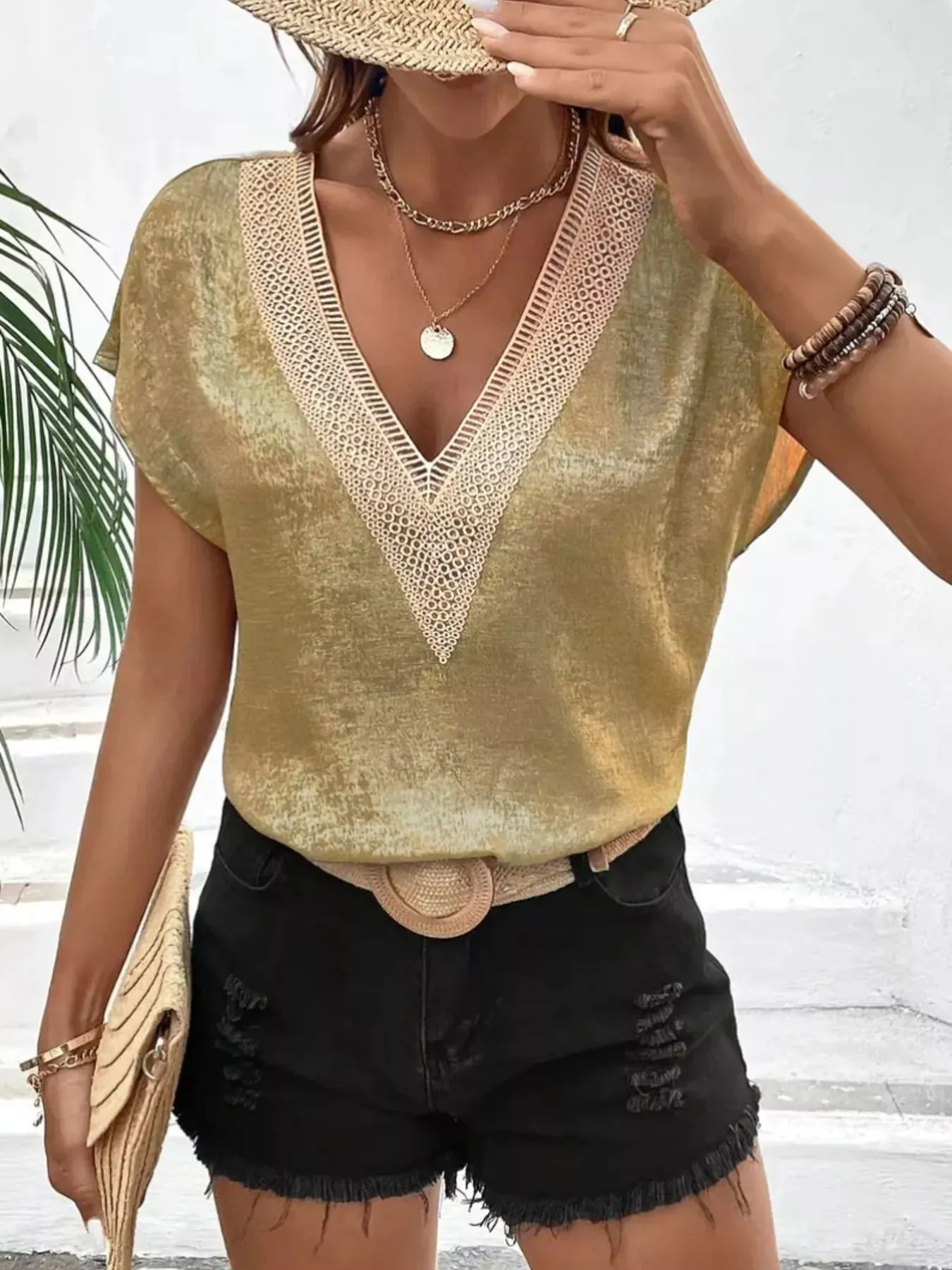 V-Neck Lace Trim Blouse sold by Charming Charlie