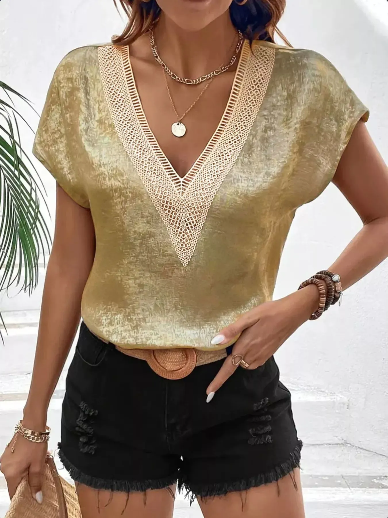 V-Neck Lace Trim Blouse sold by Charming Charlie product image thumbnail 2