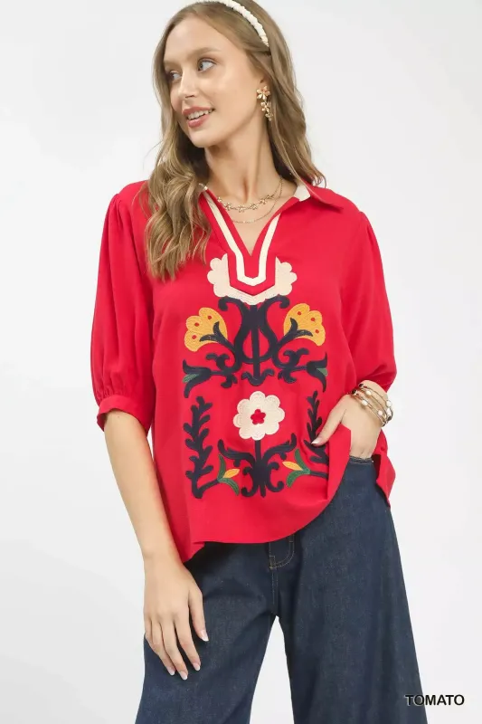 Umgee Mixed Media V-Neck Print Blouse made by Trendsi