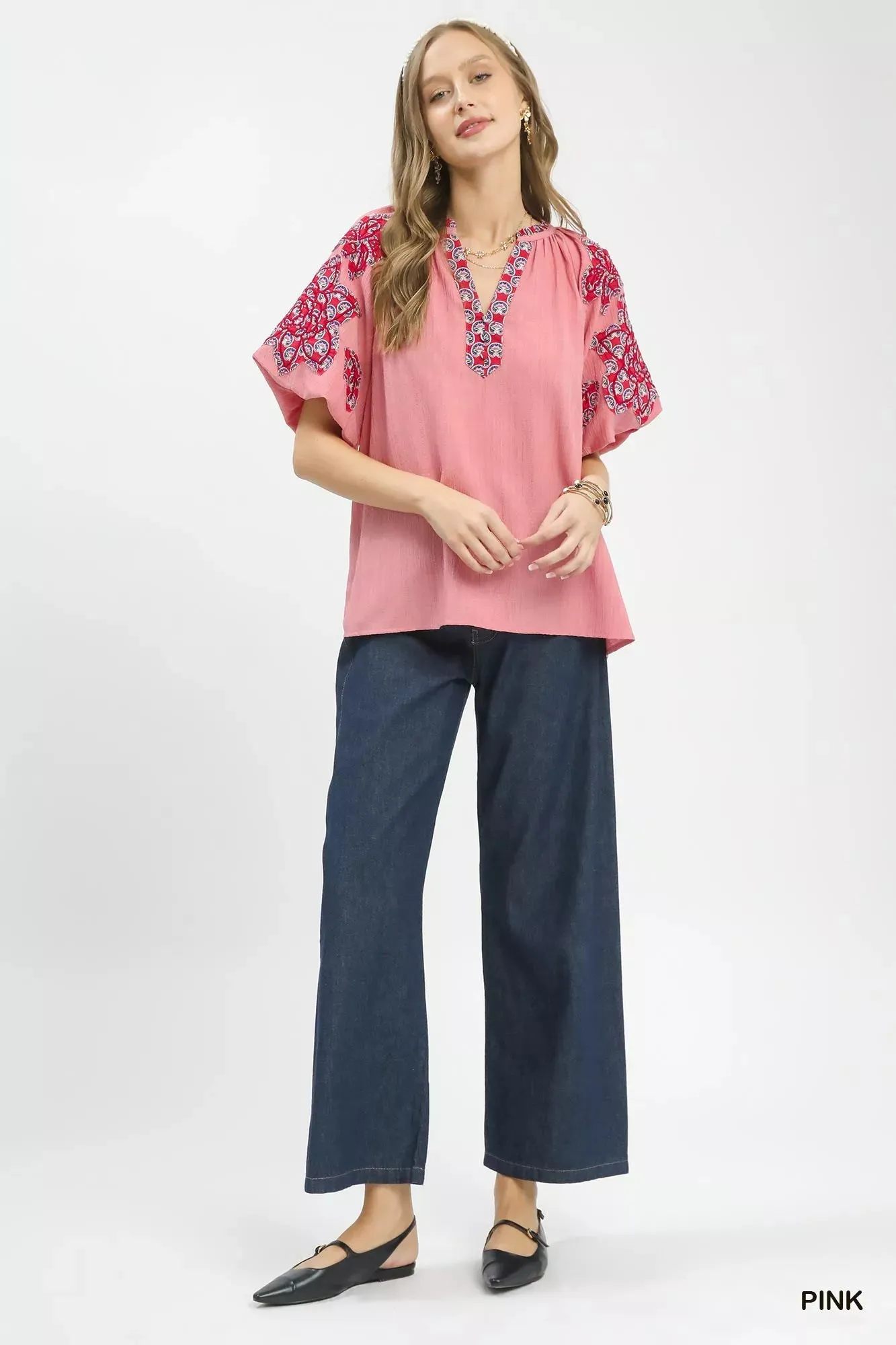 Umgee Embroidered Sleeve Contrast Trim Top sold by Charming Charlie product image thumbnail 5