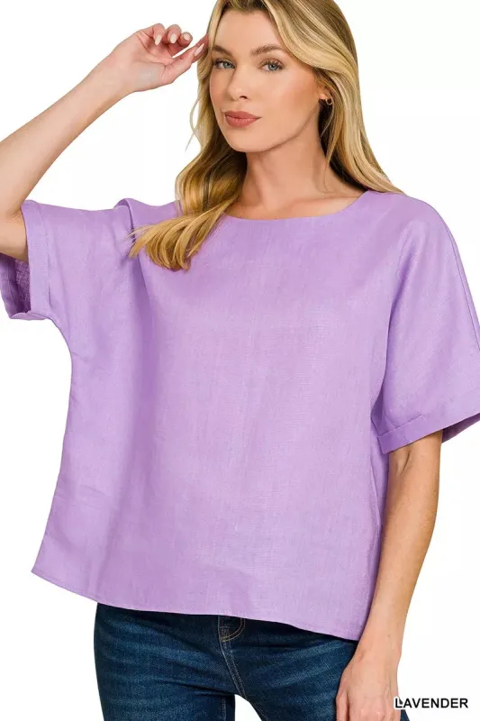 Zenana Linen Round Neck Cuffed Sleeve Top sold by Charming Charlie