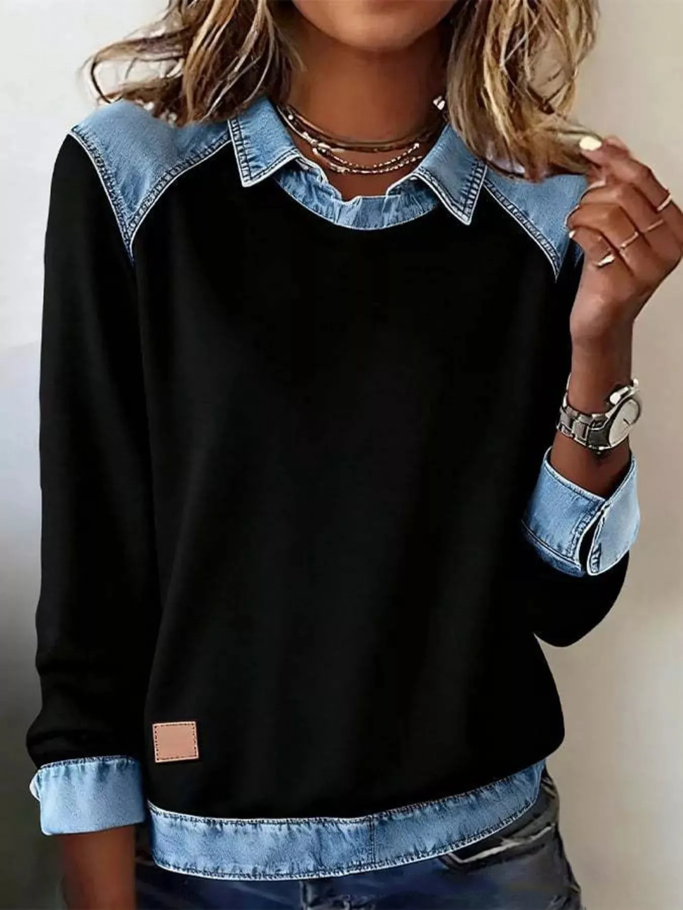 Full Size Denim Trim Long Sleeve Top Plus Size sold by Charming Charlie product image thumbnail 3