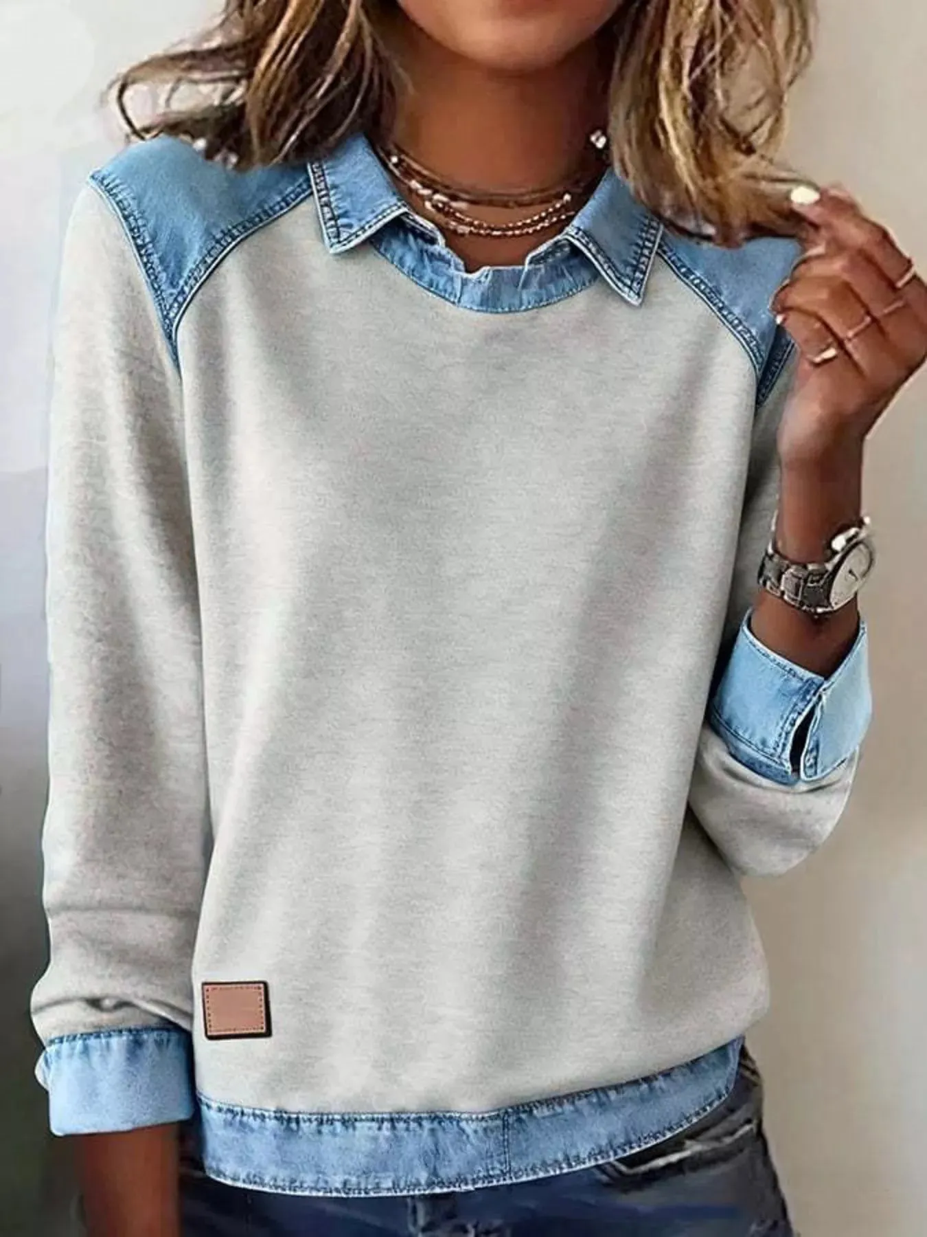 Full Size Denim Trim Long Sleeve Top Plus Size sold by Charming Charlie product image thumbnail 5