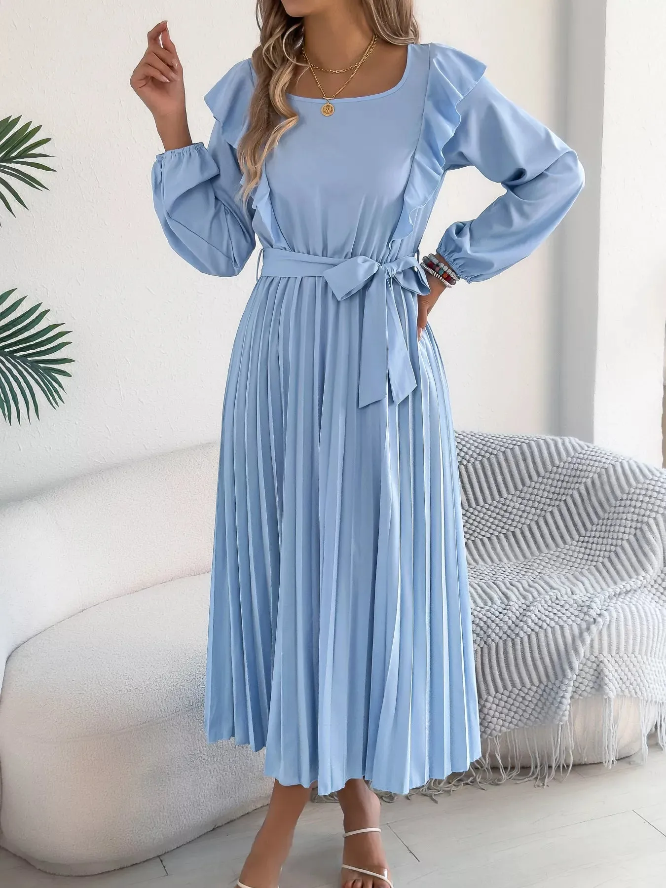 Ruffle Trim Pleated A-Line Midi Dress sold by Charming Charlie product image thumbnail 5