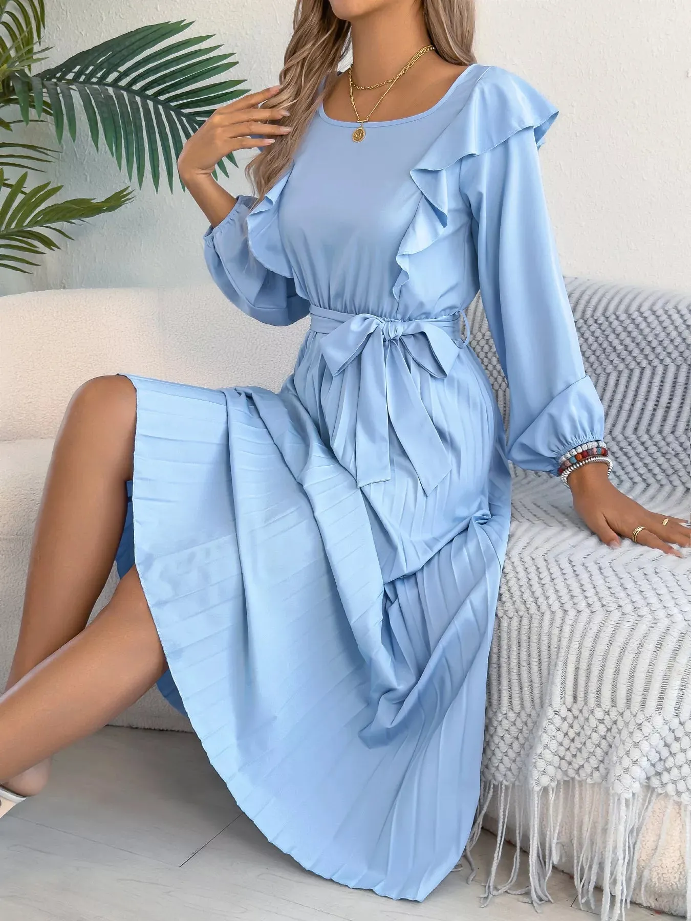 Ruffle Trim Pleated A-Line Midi Dress sold by Charming Charlie product image thumbnail 3