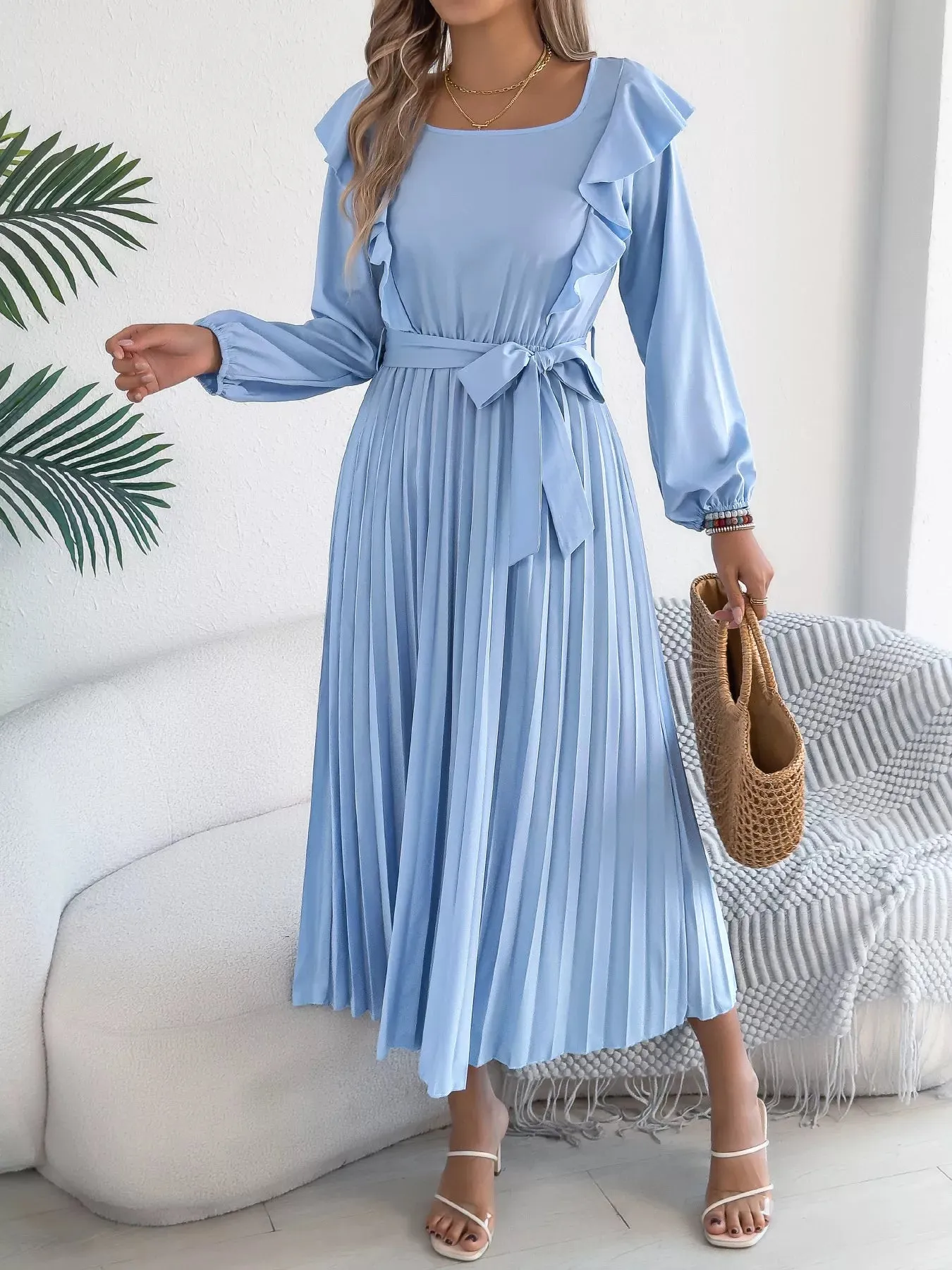 Ruffle Trim Pleated A-Line Midi Dress sold by Charming Charlie