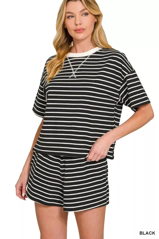 Zenana Striped Round Neck Tee & Shorts Set made by Trendsi