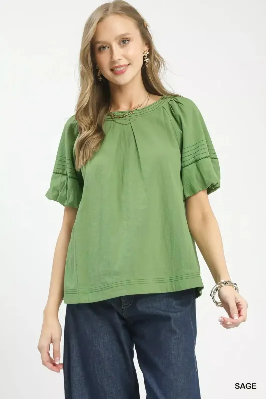 Umgee Round Neck Puff Sleeve Top with Contrast Stitch Detail made by Trendsi