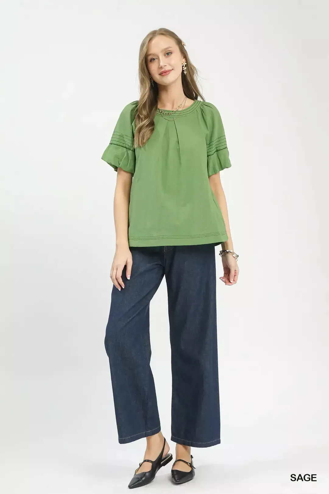Umgee Round Neck Puff Sleeve Top with Contrast Stitch Detail sold by Charming Charlie product image thumbnail 5